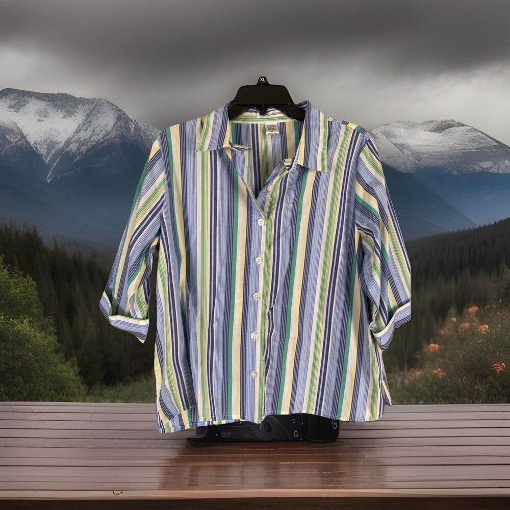 Rebecca Malone Women’s XL Striped Button Blouse 3/4 Sleeves Excellent Condition